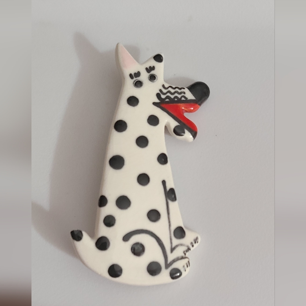 Vintage Ruby Z brooch Ceramic Glazed Pin Artisan Signed Dalmation Dog 3" 90's